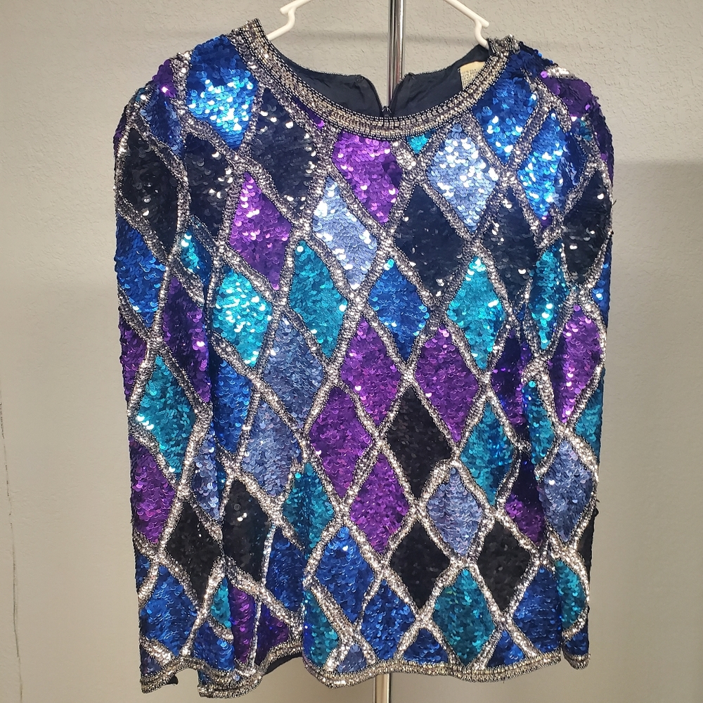 Black Tie Sequin Sequence Blouse, Blue, Purple, Black, Silver, Size M, 100%silk